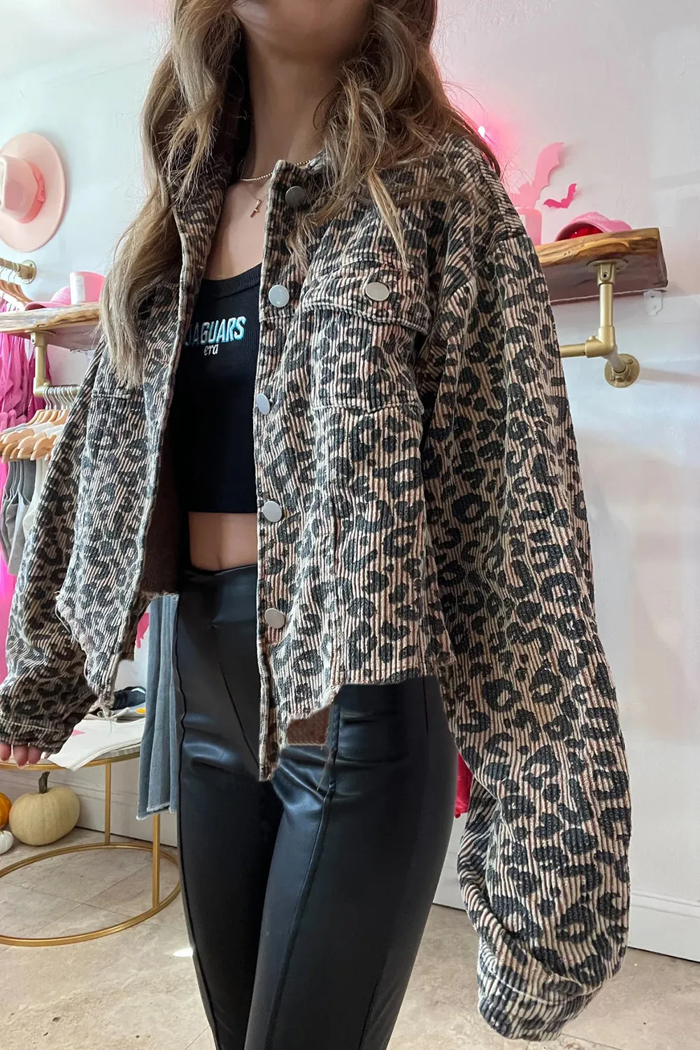 KaleaBoutique Leopard Print Corduroy Irregular Hem Buttoned Jacket