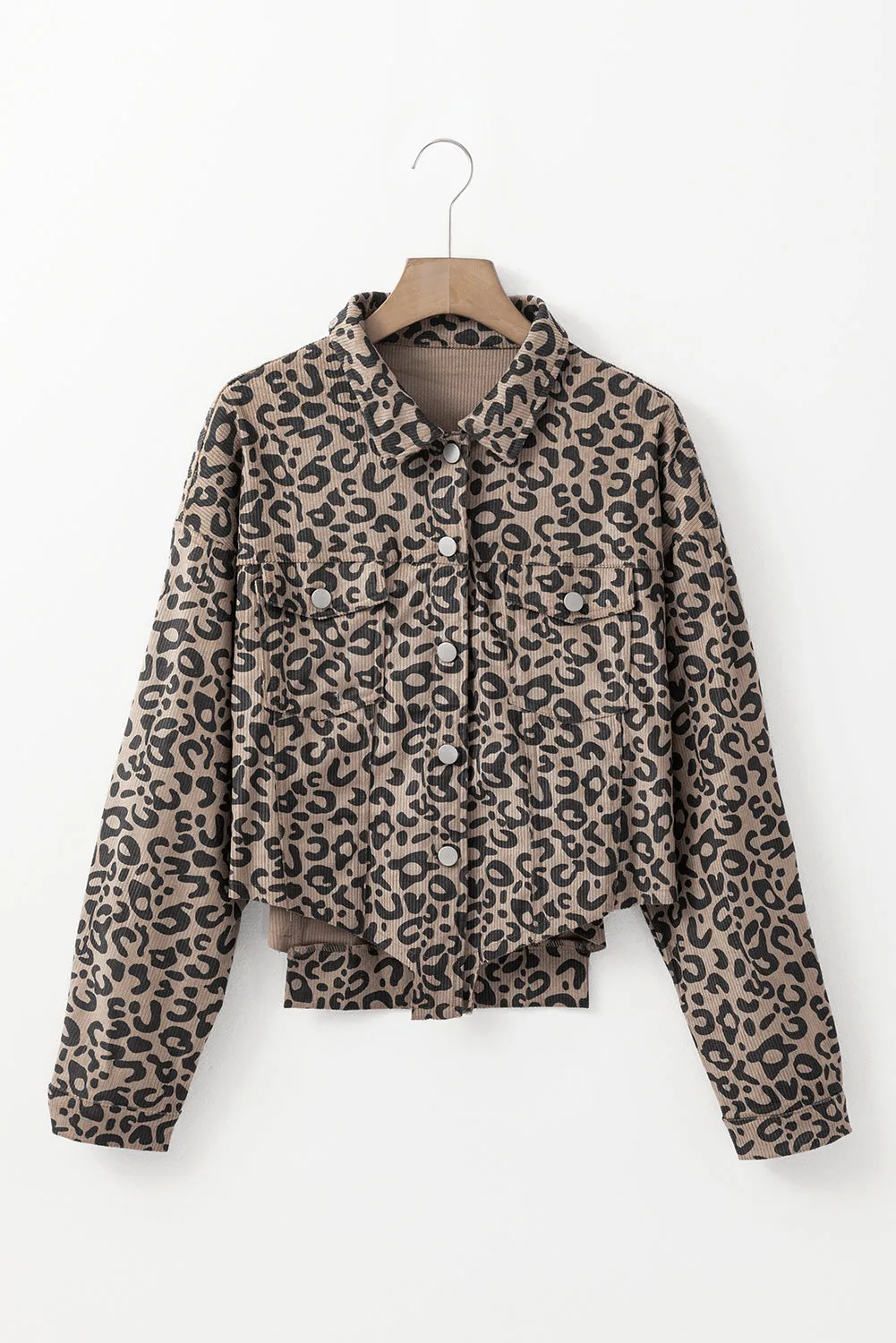 KaleaBoutique Leopard Print Corduroy Irregular Hem Buttoned Jacket