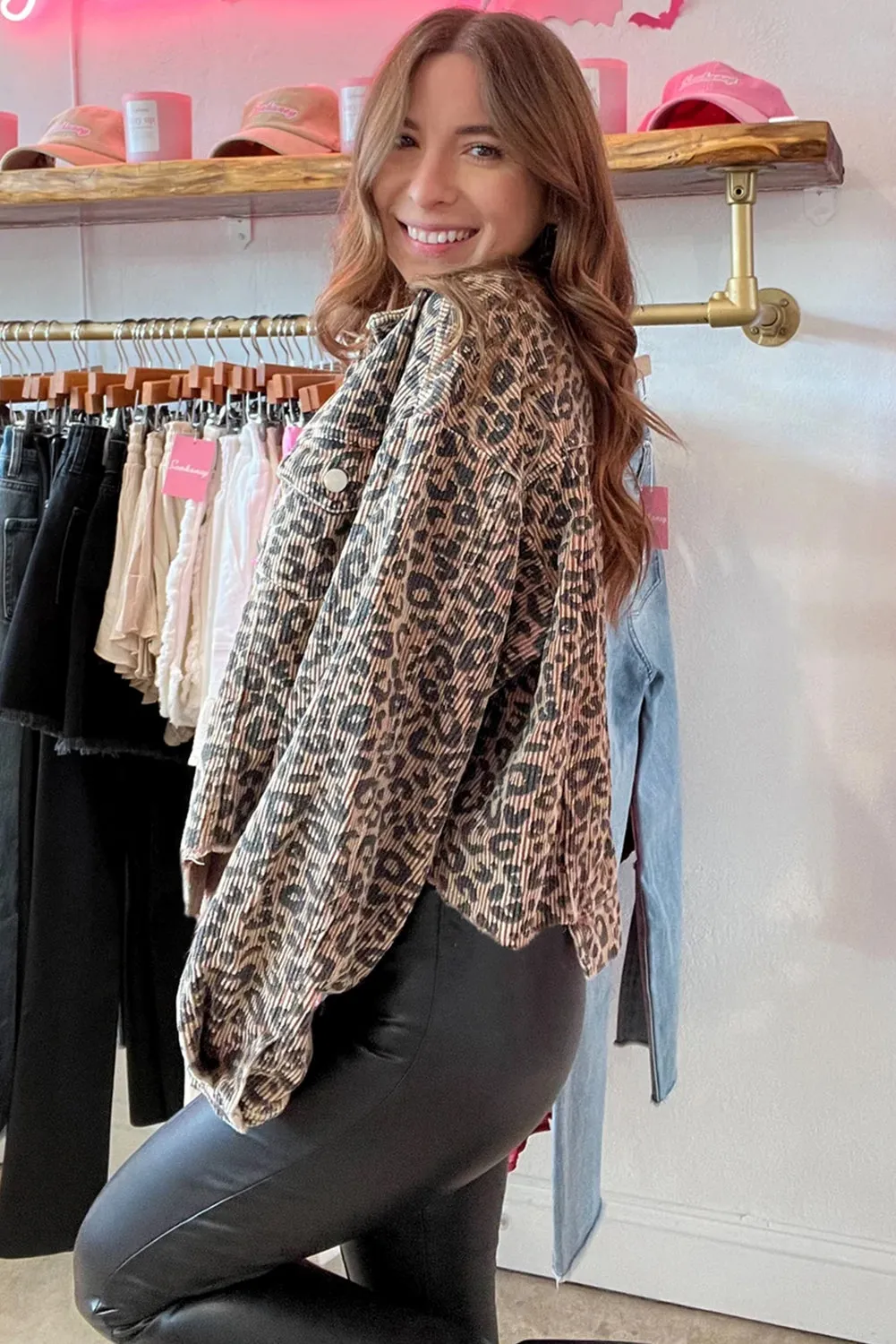 KaleaBoutique Leopard Print Corduroy Irregular Hem Buttoned Jacket