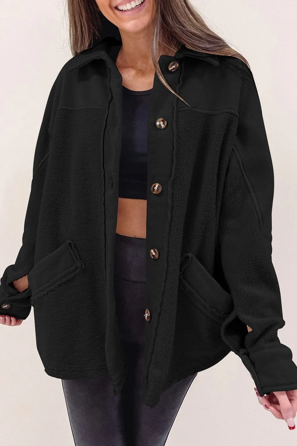 KaleaBoutique Stylish Button-Up Stitching Pocket Raw Hem Shacket