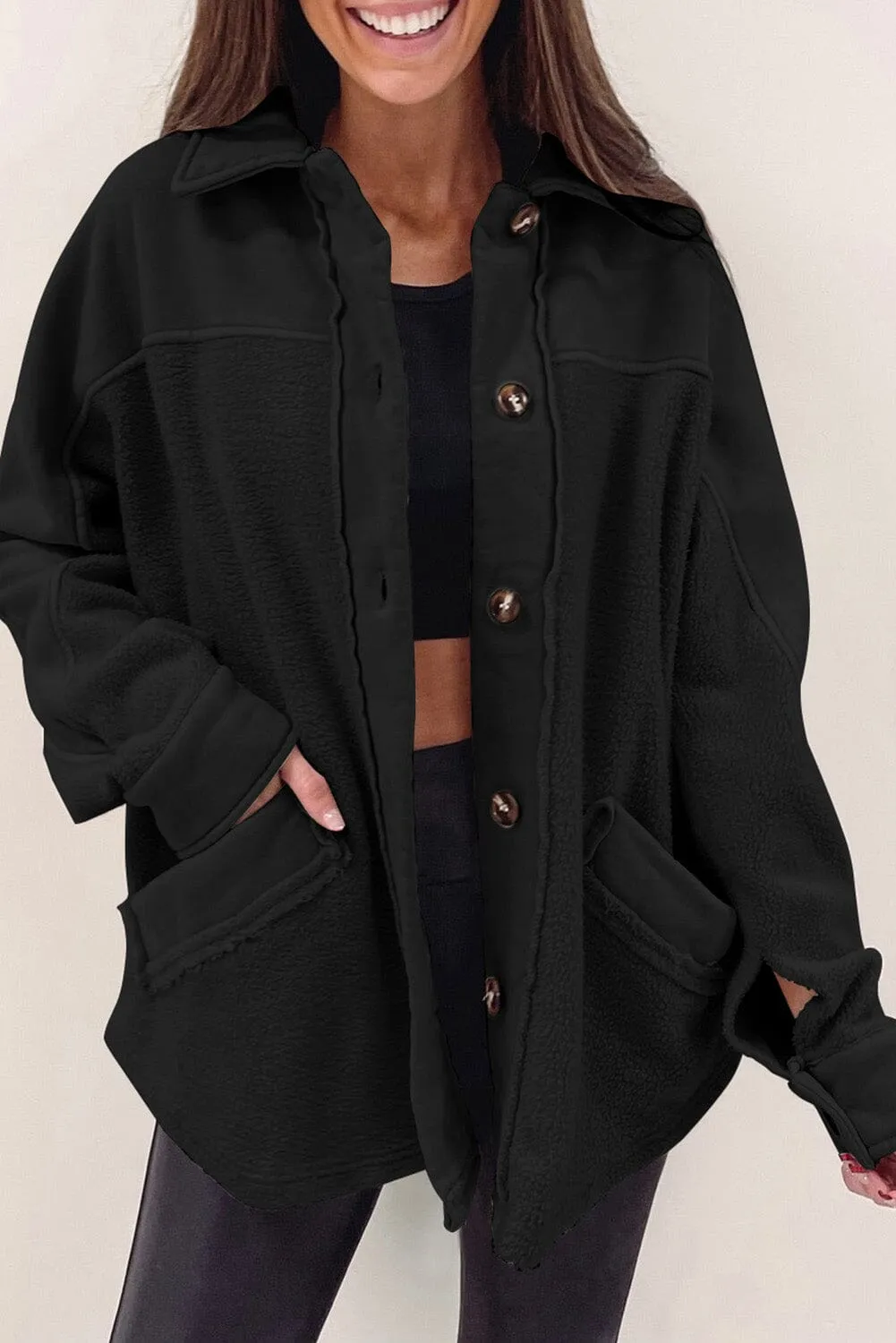 KaleaBoutique Stylish Button-Up Stitching Pocket Raw Hem Shacket