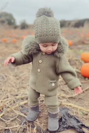 Khaki Green Faux Fur Knitted Jacket