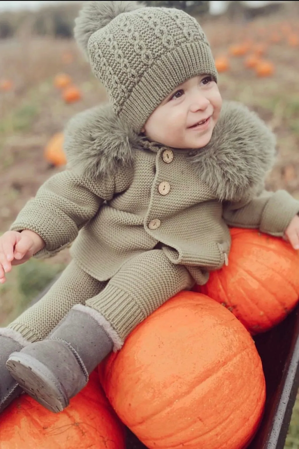 Khaki Green Faux Fur Knitted Jacket