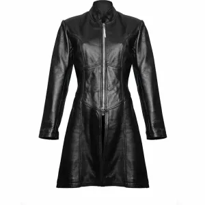 Ladies Black Leather Steampunk Style Trench Coat - T9 - BLK