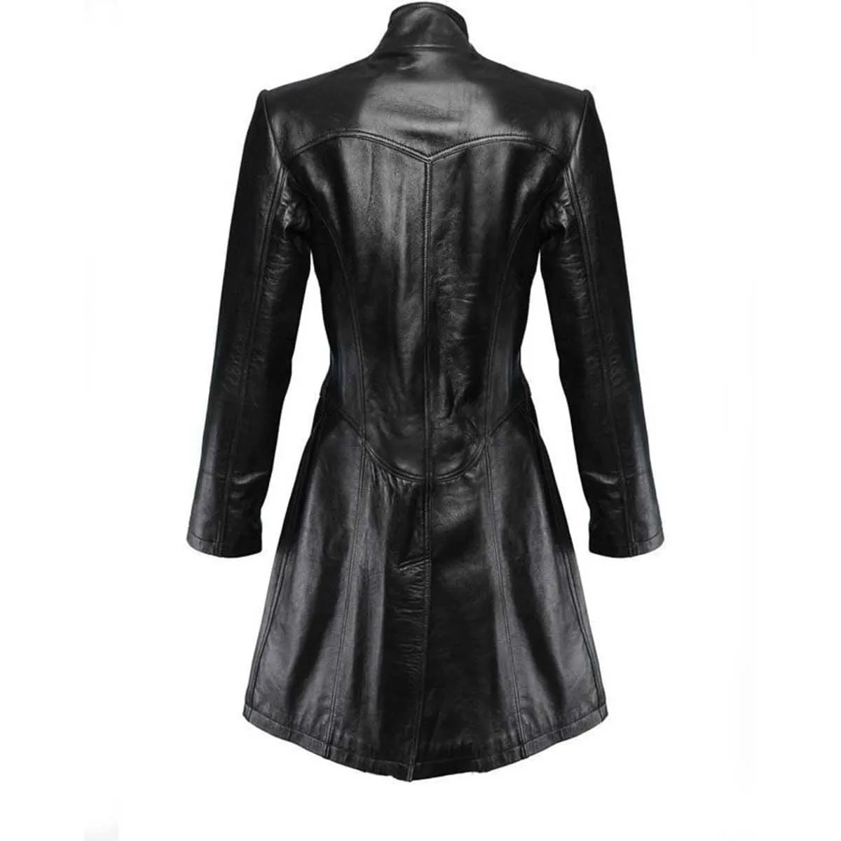 Ladies Black Leather Steampunk Style Trench Coat - T9 - BLK