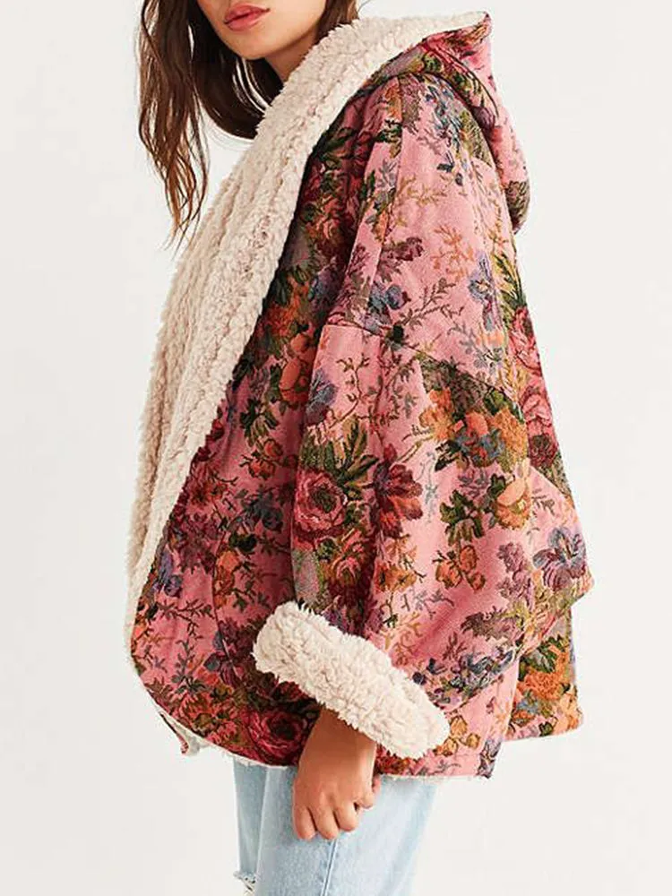 Leisure Batwing Long Sleeves Floral Printed Cardigan Hooded Coats