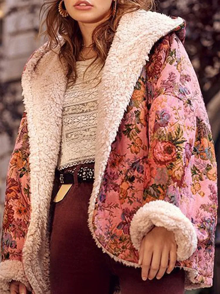 Leisure Batwing Long Sleeves Floral Printed Cardigan Hooded Coats