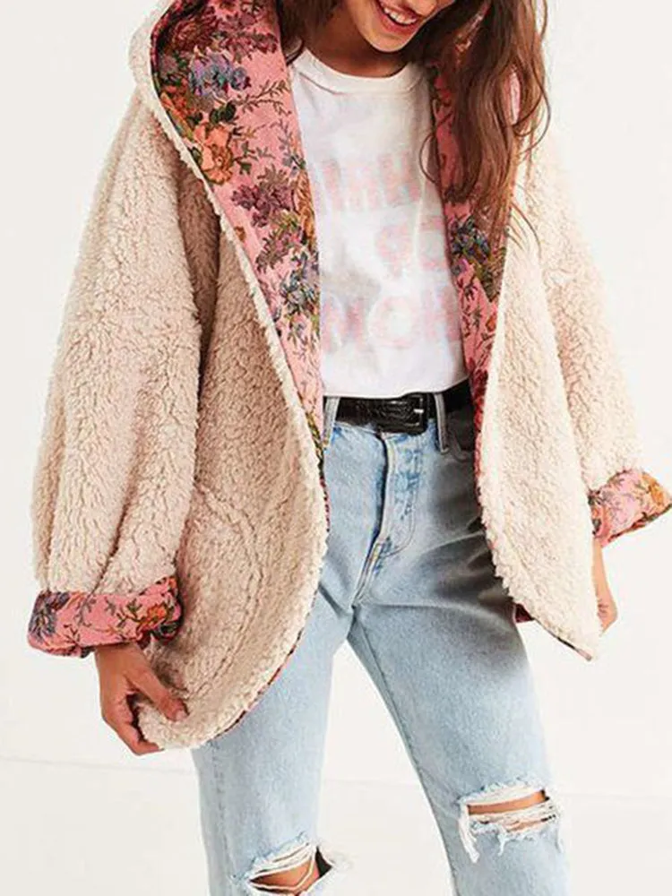 Leisure Batwing Long Sleeves Floral Printed Cardigan Hooded Coats
