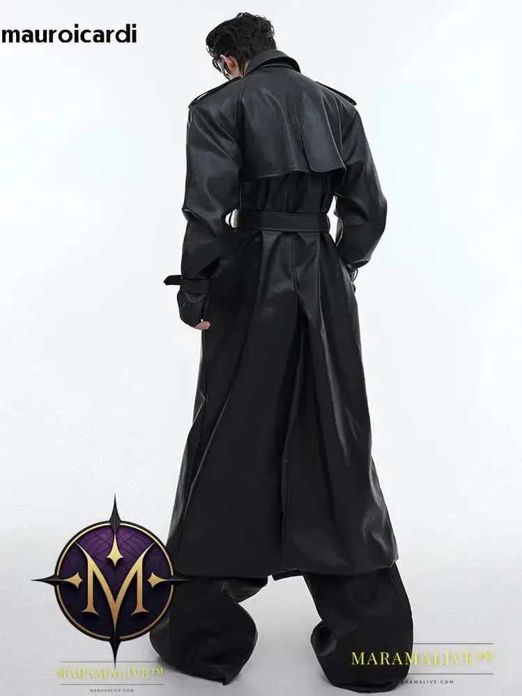 Long Oversized Black Brown Faux Leather Trench Coat Men Belt Double Breasted Luxury Designer Clothes 2023
