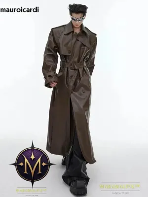 Long Oversized Black Brown Faux Leather Trench Coat Men Belt Double Breasted Luxury Designer Clothes 2023