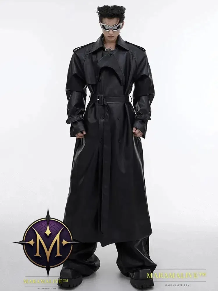 Long Oversized Black Brown Faux Leather Trench Coat Men Belt Double Breasted Luxury Designer Clothes 2023