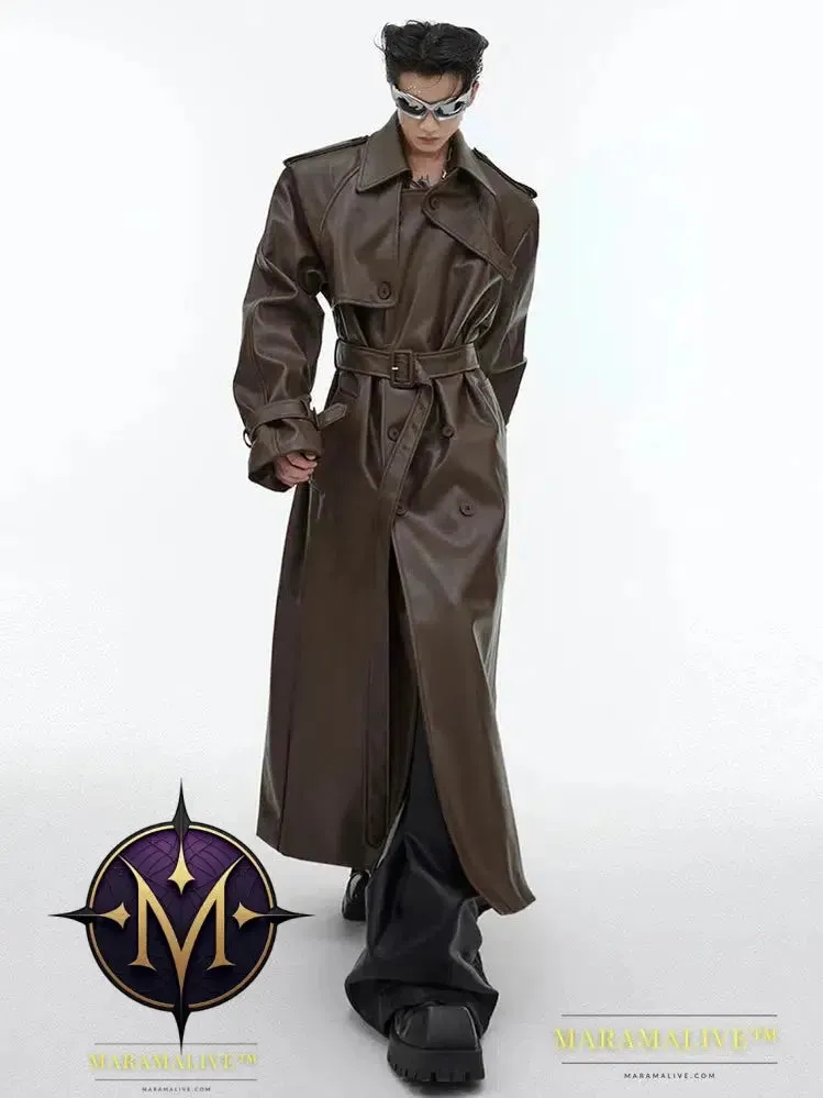 Long Oversized Black Brown Faux Leather Trench Coat Men Belt Double Breasted Luxury Designer Clothes 2023