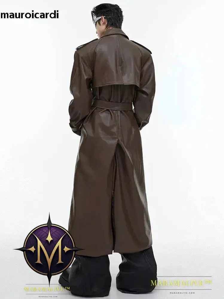 Long Oversized Black Brown Faux Leather Trench Coat Men Belt Double Breasted Luxury Designer Clothes 2023