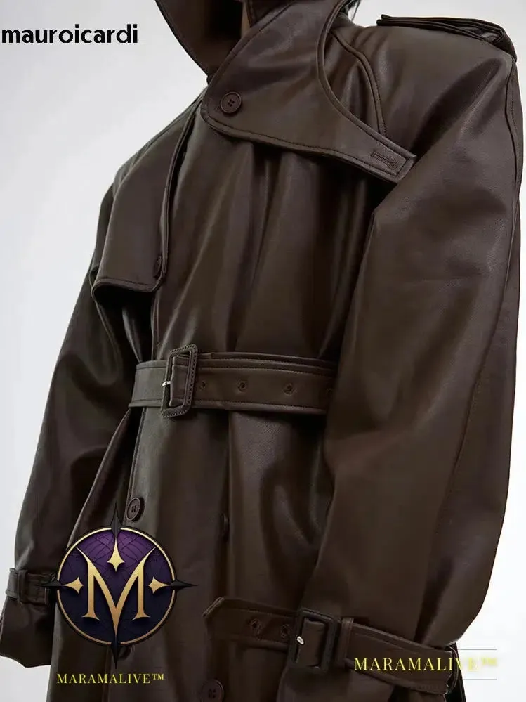 Long Oversized Black Brown Faux Leather Trench Coat Men Belt Double Breasted Luxury Designer Clothes 2023