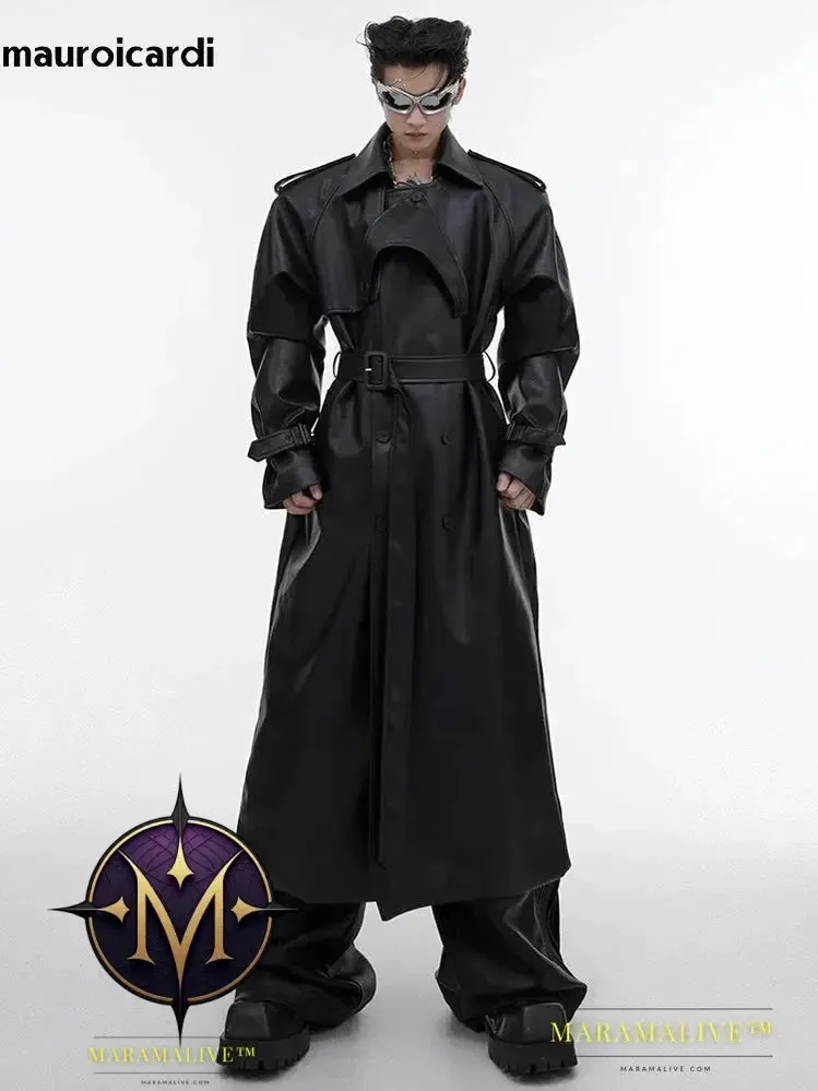Long Oversized Black Brown Faux Leather Trench Coat Men Belt Double Breasted Luxury Designer Clothes 2023