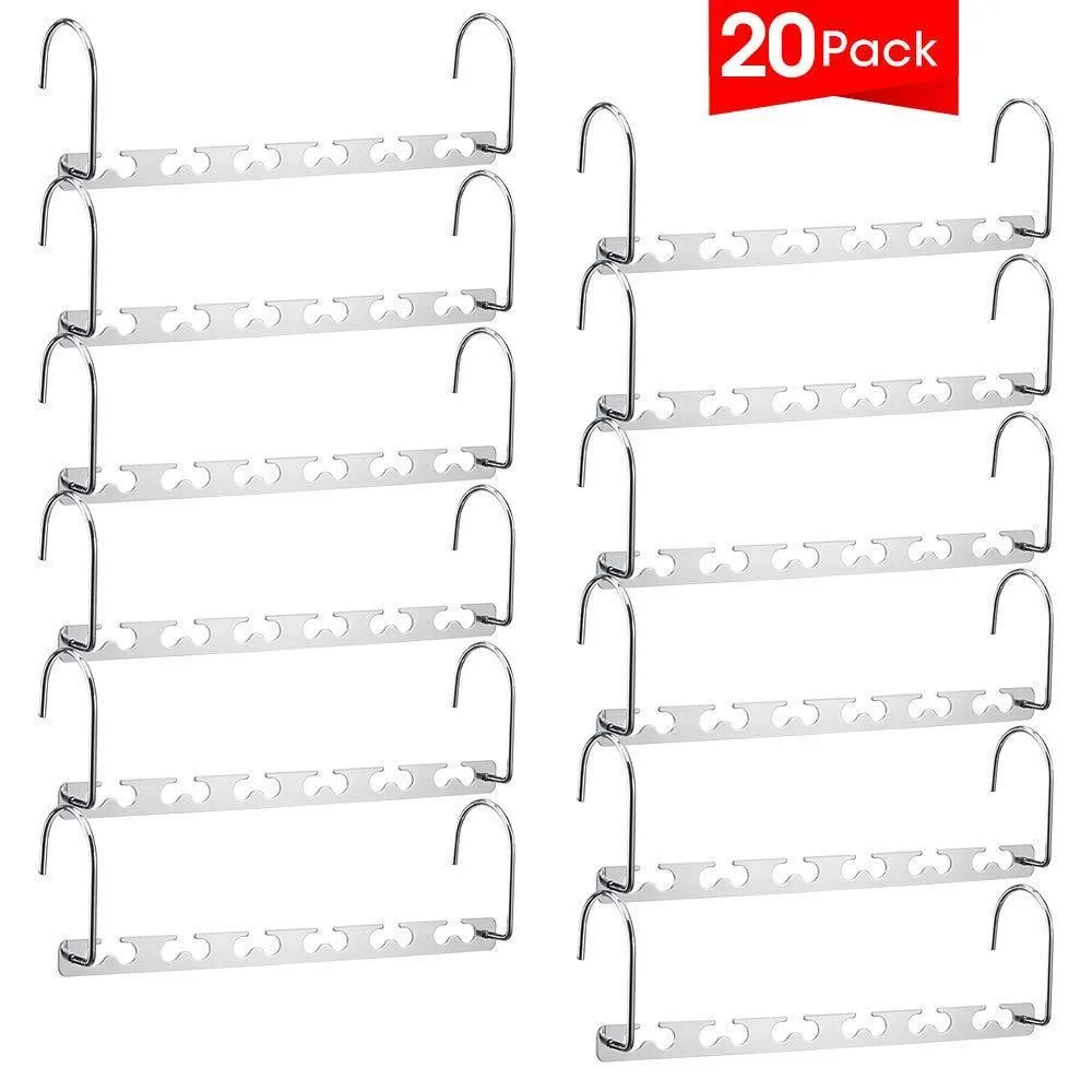 MeetU Space Saving Hangers Wonder Multifunctional Clothes Hangers Stainless Steel 6X2 Slots Magic Hanger Cascading Hanger Updated Hook Design Closet Organizer Hanger (Pack of 20)