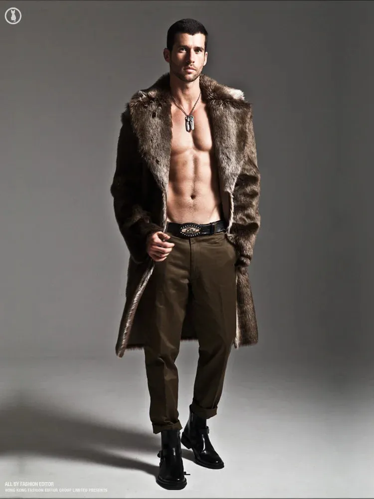 Men Fur Coat Winter Faux Fur Outwear On One Sides Coat Mens Punk Parka Jackets Long Leather Overcoats Genuine Fur Brand Clothing