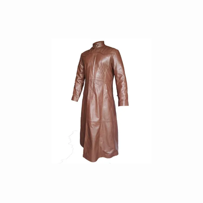 Men Real Brown Leather Trench Coat - T3 - BRW