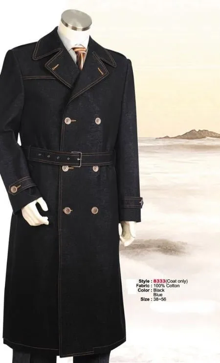 Men's Dress Coat Double Breasted Overcoats denim Jean Fabric Belted Full Length