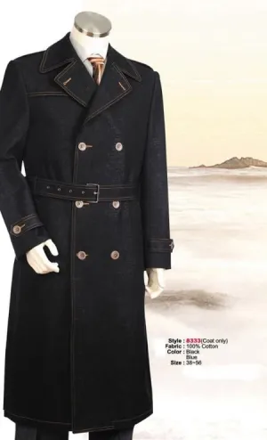 Men's Dress Coat Double Breasted Overcoats denim Jean Fabric Belted Full Length