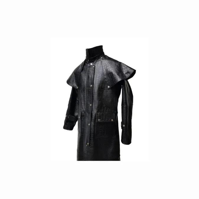 Mens Real Black Aligator/Crocodile Leather Duster Riding Hunting Steampunk Trench Matrix Coat - T7