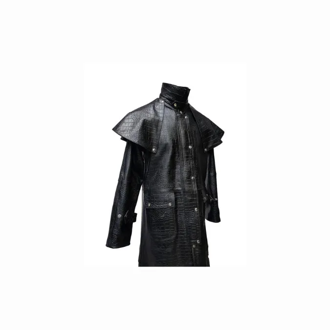 Mens Real Black Aligator/Crocodile Leather Duster Riding Hunting Steampunk Trench Matrix Coat - T7