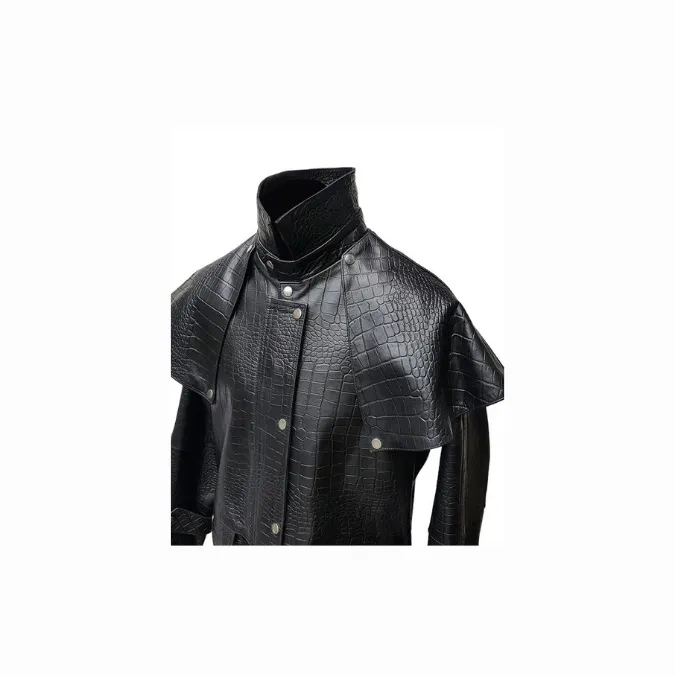 Mens Real Black Aligator/Crocodile Leather Duster Riding Hunting Steampunk Trench Matrix Coat - T7