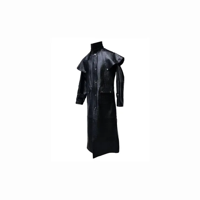Mens Real Black Aligator/Crocodile Leather Duster Riding Hunting Steampunk Trench Matrix Coat - T7