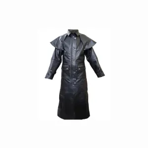 Mens Real Black Leather Duster Riding Hunting Steampunk Trench Coat - T7-BLK
