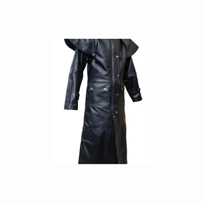 Mens Real Black Leather Duster Riding Hunting Steampunk Trench Coat - T7-BLK
