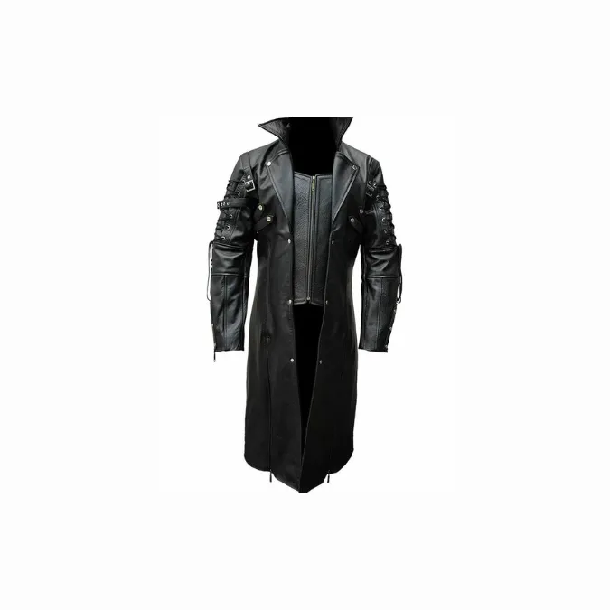 Mens Real Black Leather Goth Matrix Trench Coat Steampunk Gothic - T18-BLK