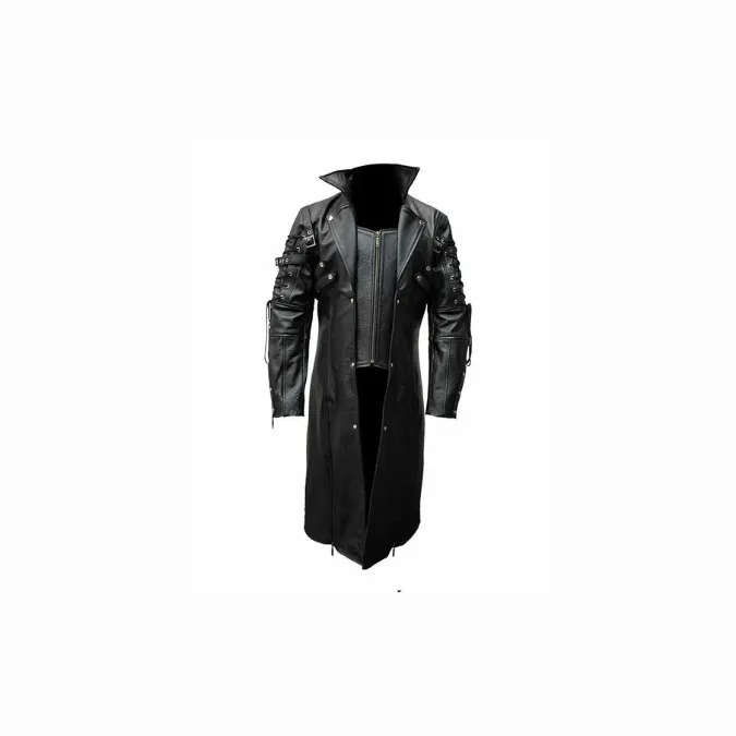 Mens Real Black Leather Goth Matrix Trench Coat Steampunk Gothic - T18-BLK