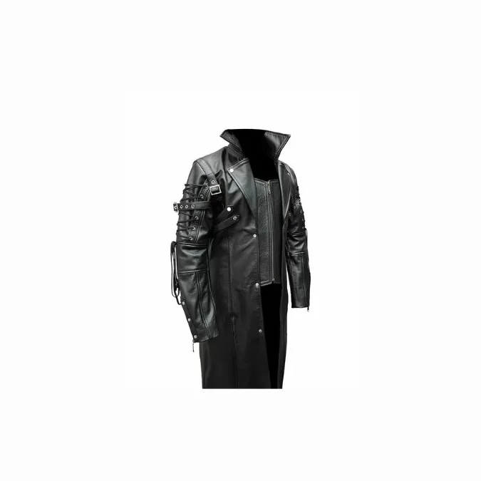 Mens Real Black Leather Goth Matrix Trench Coat Steampunk Gothic - T18-BLK