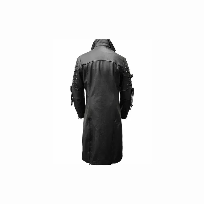 Mens Real Black Leather Goth Matrix Trench Coat Steampunk Gothic - T18-BLK