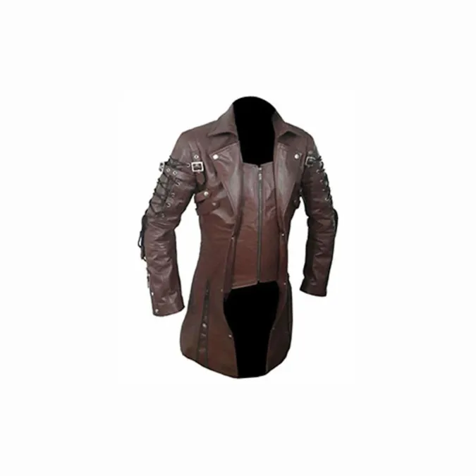 Mens Real Brown Leather Goth Matrix Trench Coat Steampunk Gothic - T18-BRW