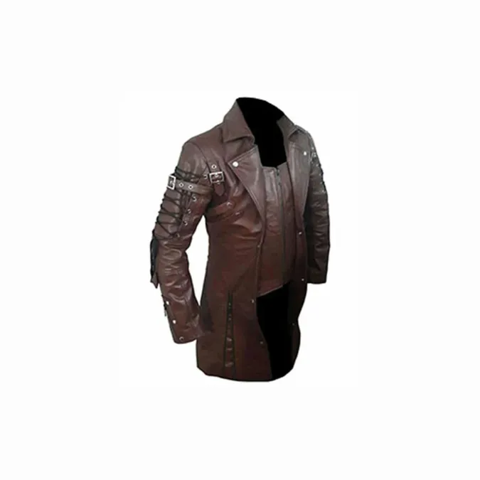 Mens Real Brown Leather Goth Matrix Trench Coat Steampunk Gothic - T18-BRW