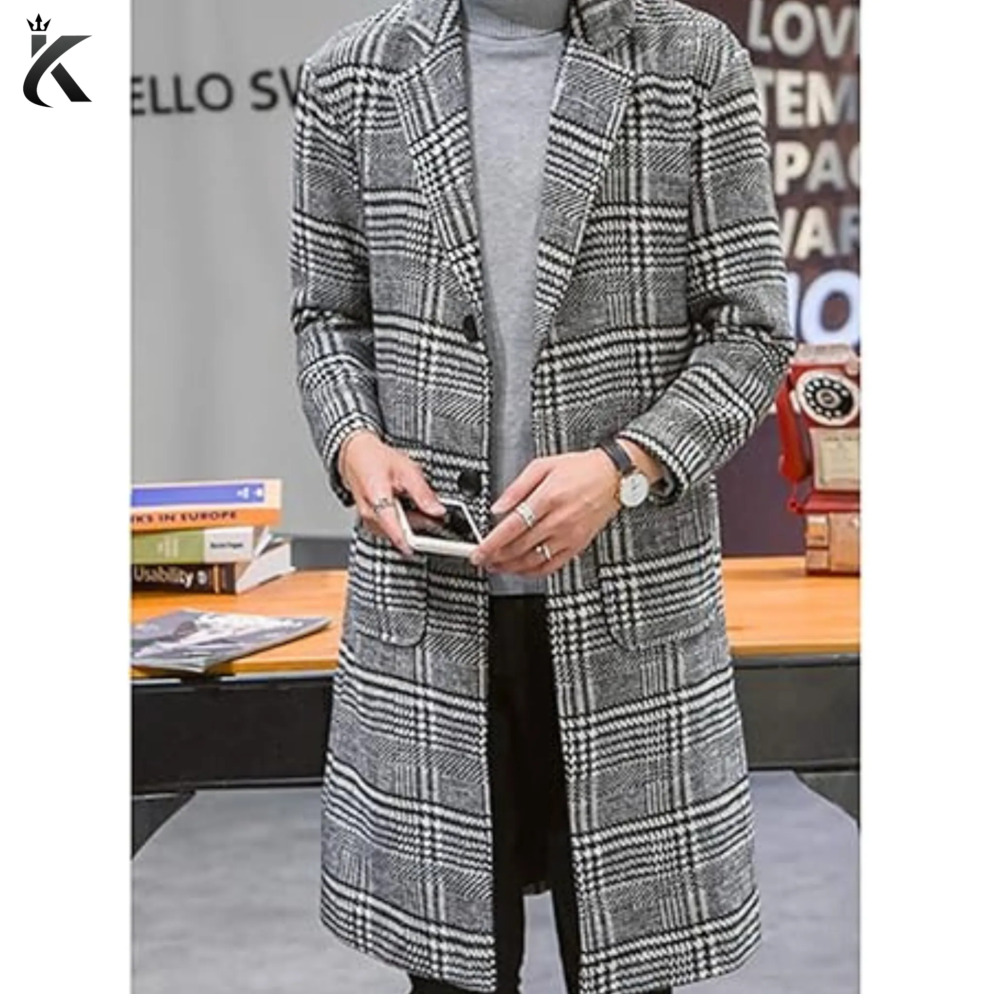 Men's Wool Trench Coat Single Breasted Plaid Mid Long Peacoat Pea Coats - Gray Long Overcoat