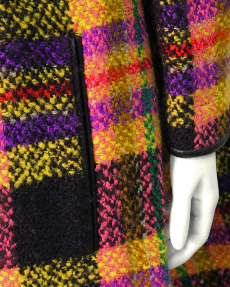 Mutli-colored plaid wool cape with leather trim