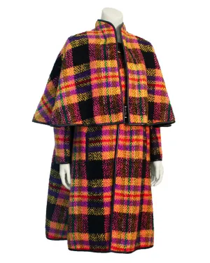 Mutli-colored plaid wool cape with leather trim
