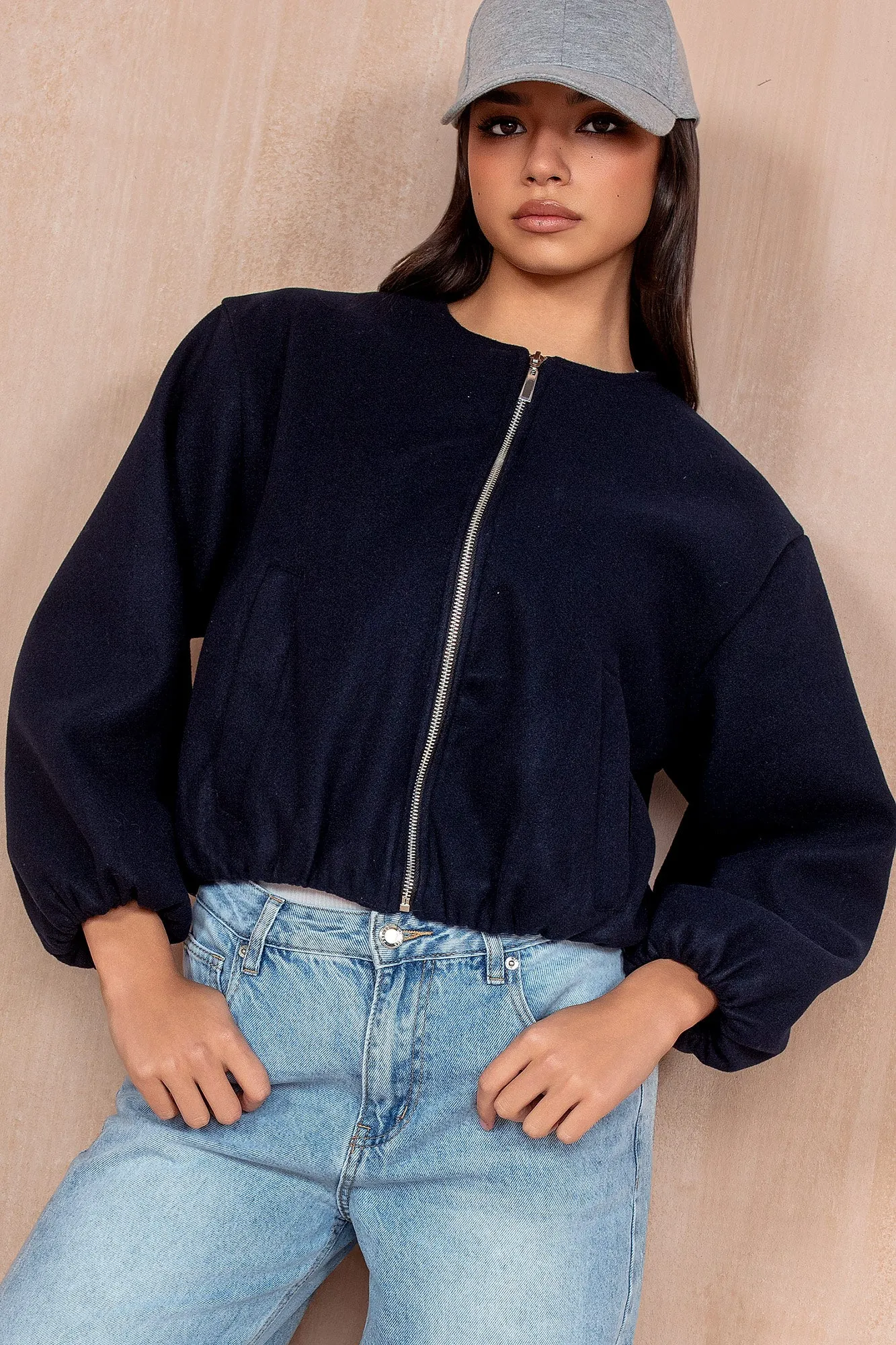 Natasha Navy Wool Bomber Jacket