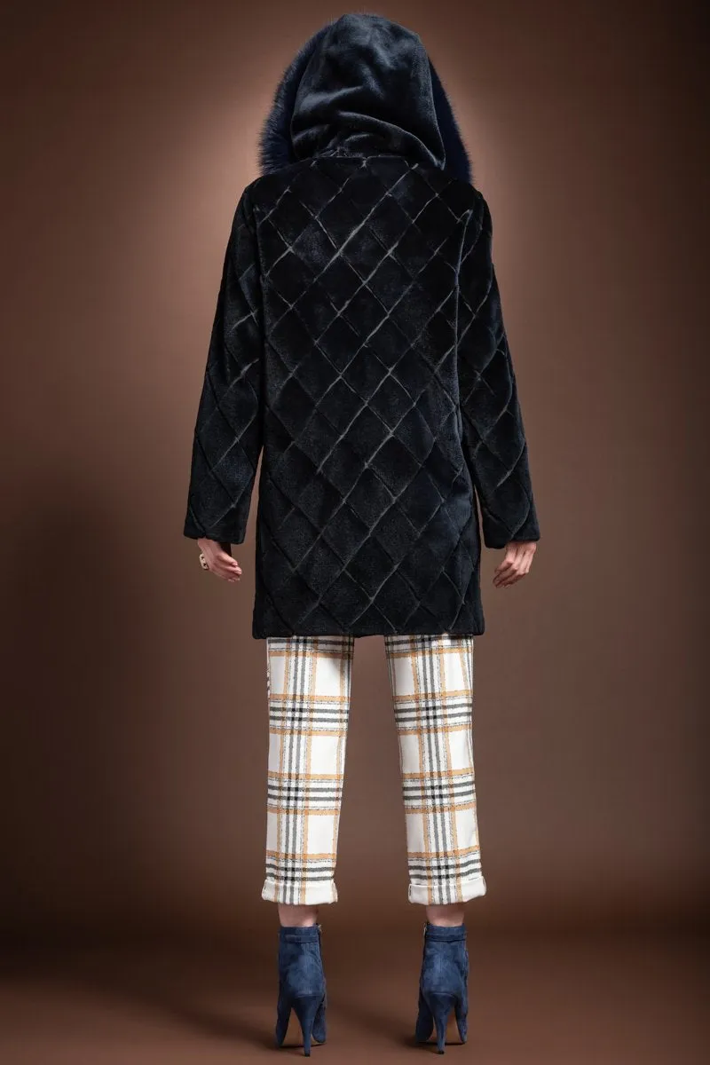 Navy Blue Hooded Fox Fur Trimmed Sueded Diamond Pattern Mid Length Sheared Mink Fur Coat