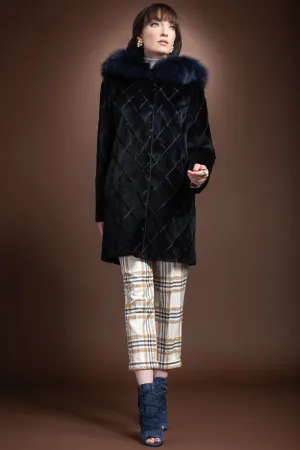 Navy Blue Hooded Fox Fur Trimmed Sueded Diamond Pattern Mid Length Sheared Mink Fur Coat