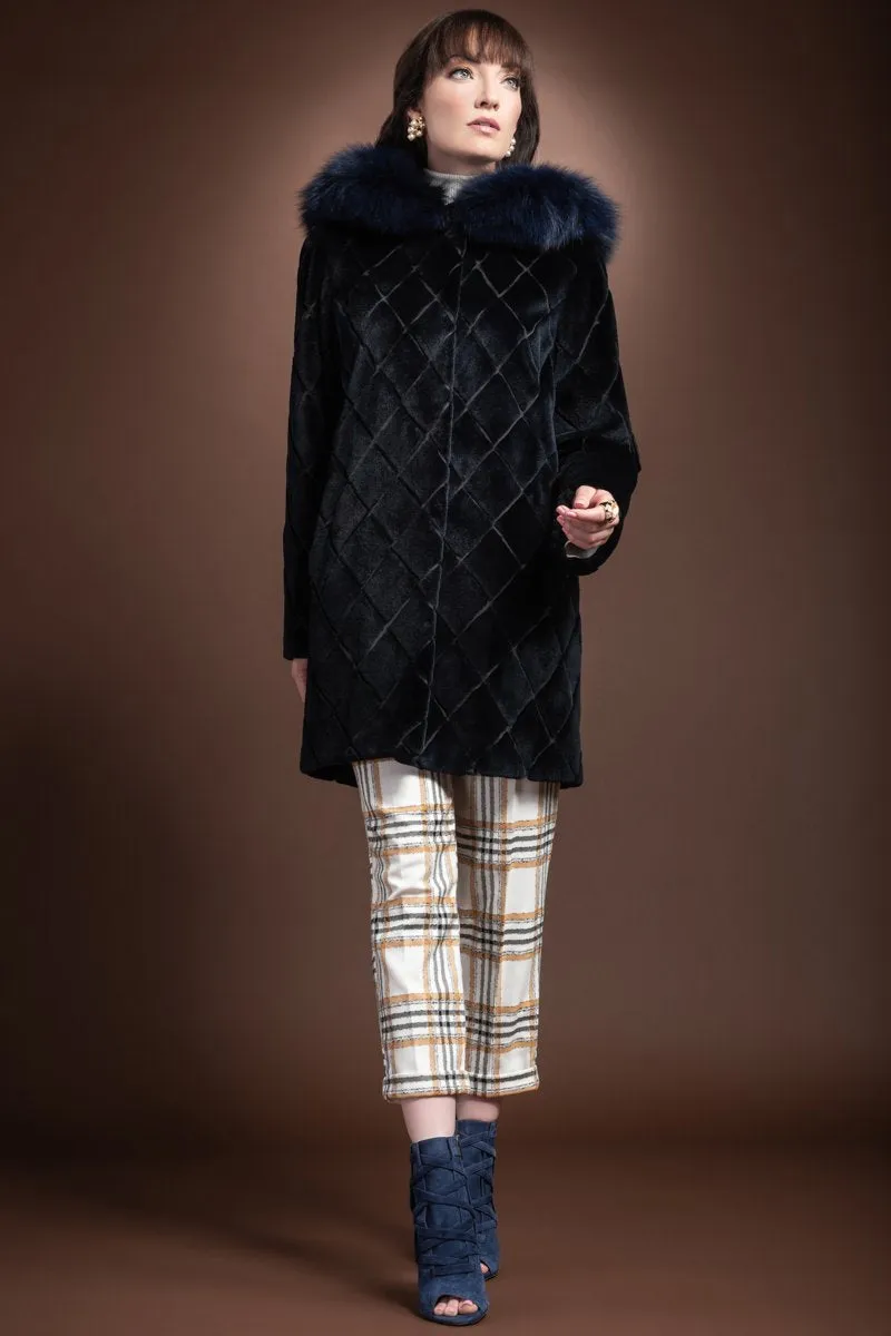 Navy Blue Hooded Fox Fur Trimmed Sueded Diamond Pattern Mid Length Sheared Mink Fur Coat