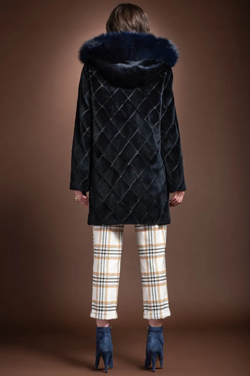 Navy Blue Hooded Fox Fur Trimmed Sueded Diamond Pattern Mid Length Sheared Mink Fur Coat
