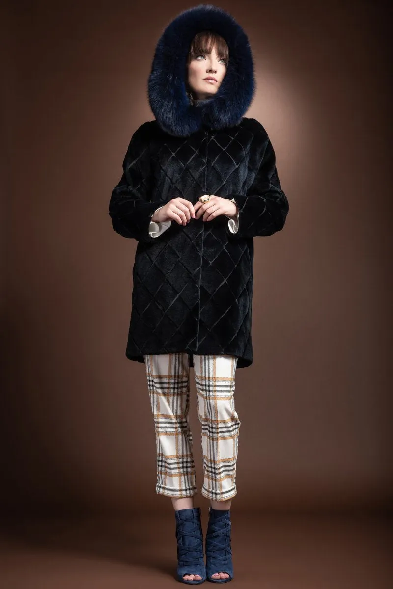 Navy Blue Hooded Fox Fur Trimmed Sueded Diamond Pattern Mid Length Sheared Mink Fur Coat
