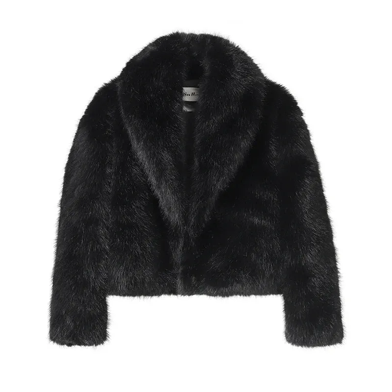 Neo Mint Street Fashion Shawl Collar Faux Fox Fur Coat Women  Winter Cool Girls Black Short Fur Jacket Vintage Chic Overcoat