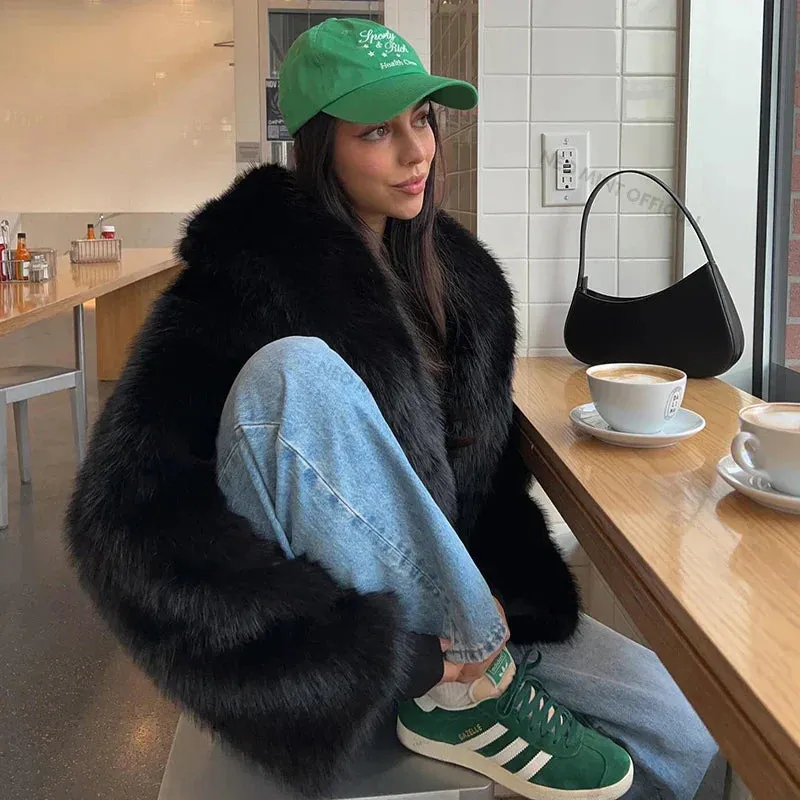 Neo Mint Street Fashion Shawl Collar Faux Fox Fur Coat Women  Winter Cool Girls Black Short Fur Jacket Vintage Chic Overcoat