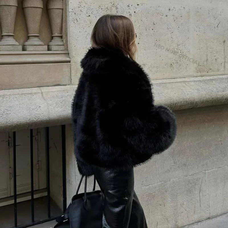 Neo Mint Street Fashion Shawl Collar Faux Fox Fur Coat Women  Winter Cool Girls Black Short Fur Jacket Vintage Chic Overcoat