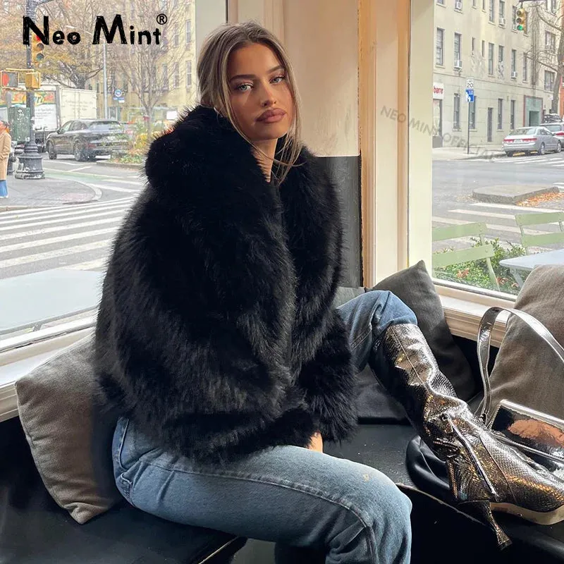 Neo Mint Street Fashion Shawl Collar Faux Fox Fur Coat Women  Winter Cool Girls Black Short Fur Jacket Vintage Chic Overcoat