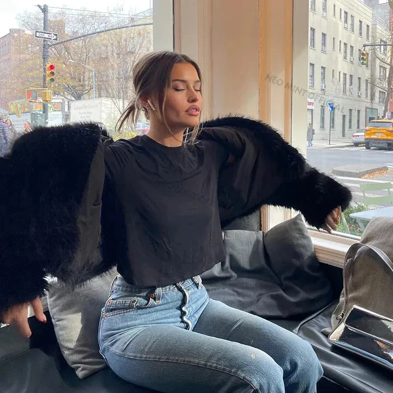 Neo Mint Street Fashion Shawl Collar Faux Fox Fur Coat Women  Winter Cool Girls Black Short Fur Jacket Vintage Chic Overcoat